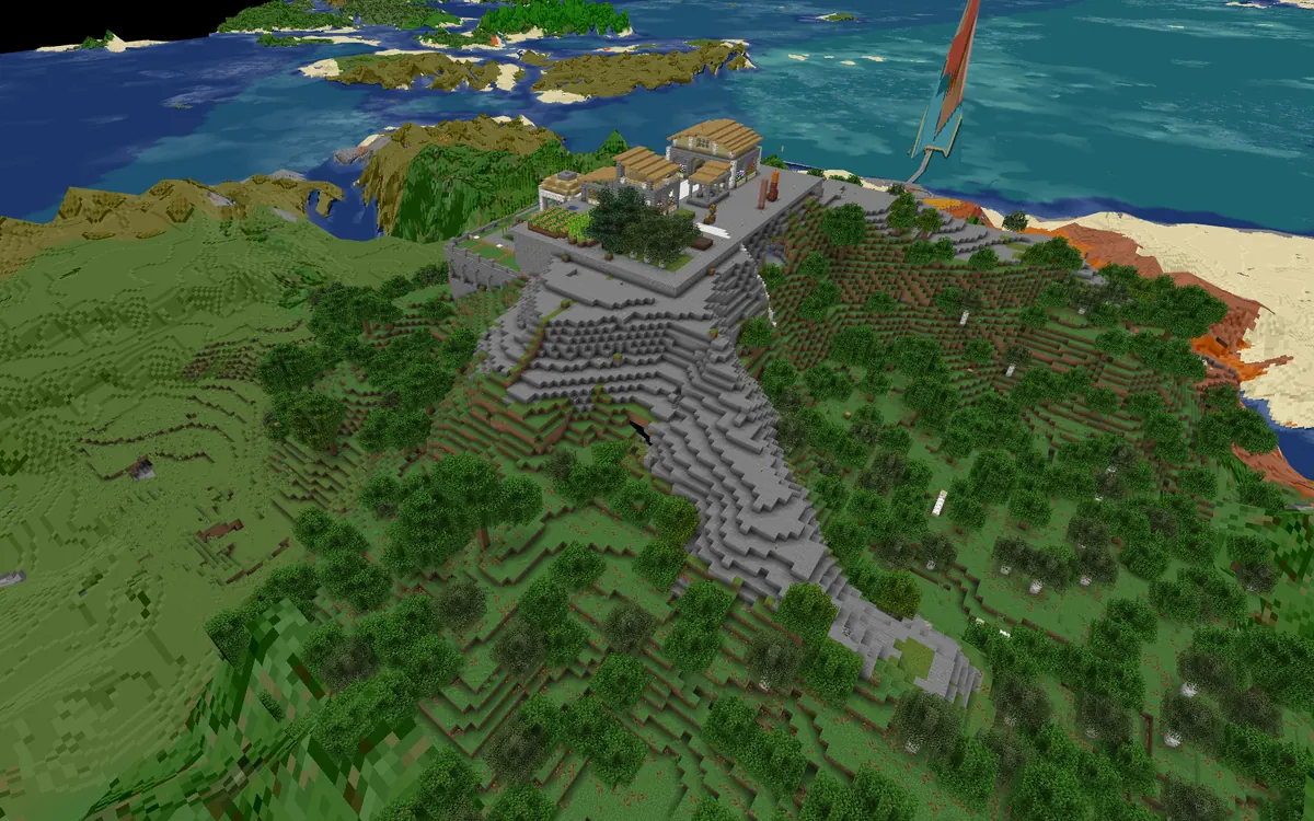 BlueMap render of the hilltop base with the sea behind it