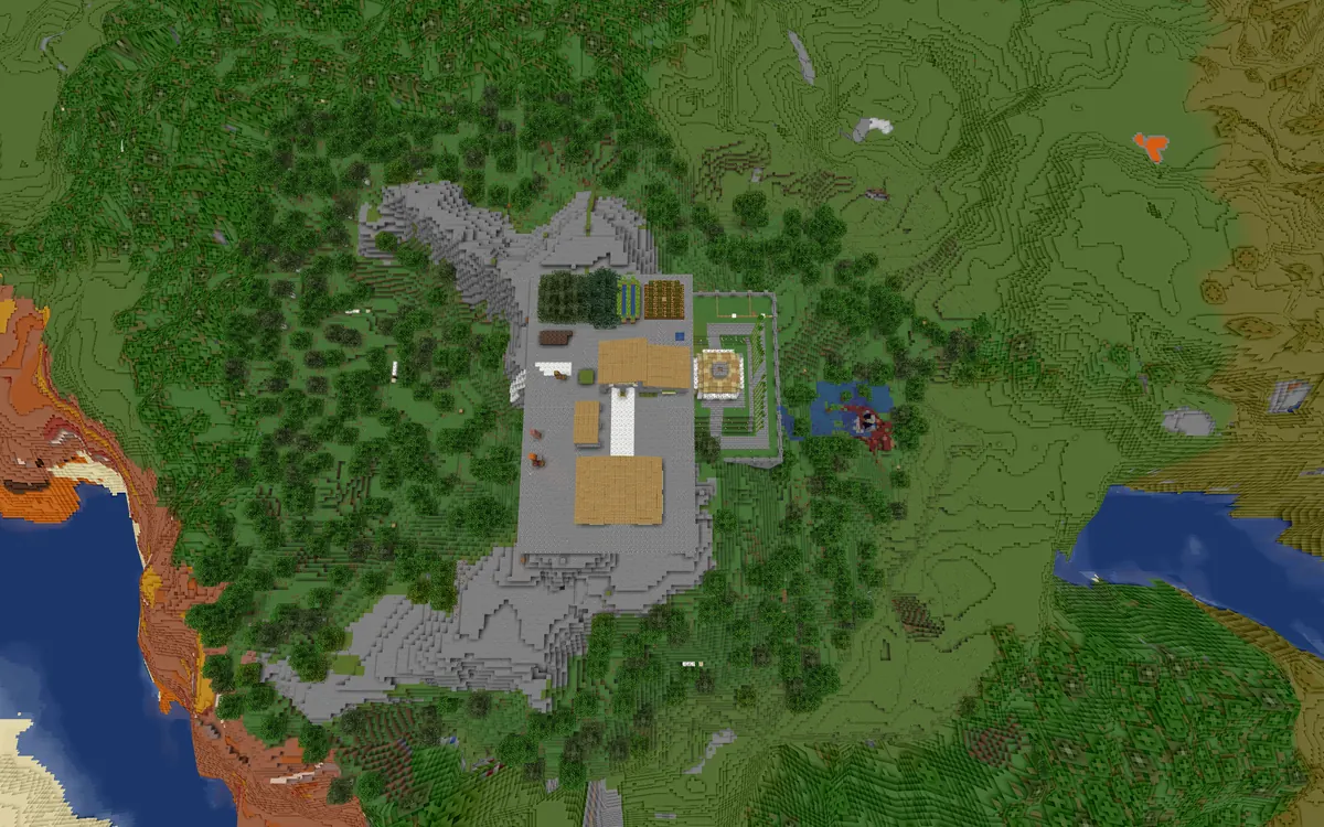 Top-down BlueMap render of the hilltop base and its crop fields