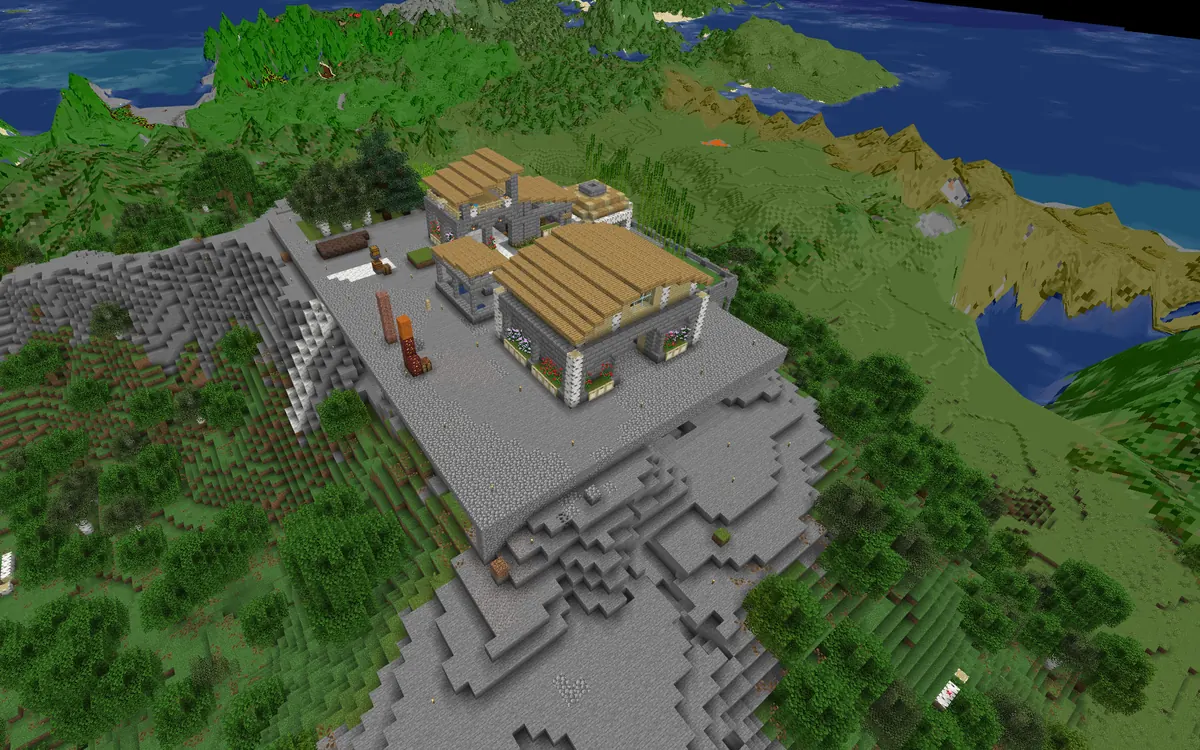 BlueMap render of a hilltop base: houses on a flattened stone platform