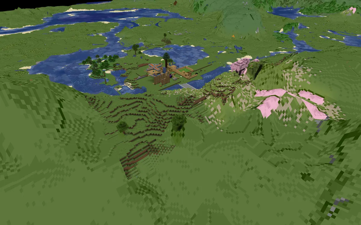 BlueMap render of cherry blossom trees near the riverside base