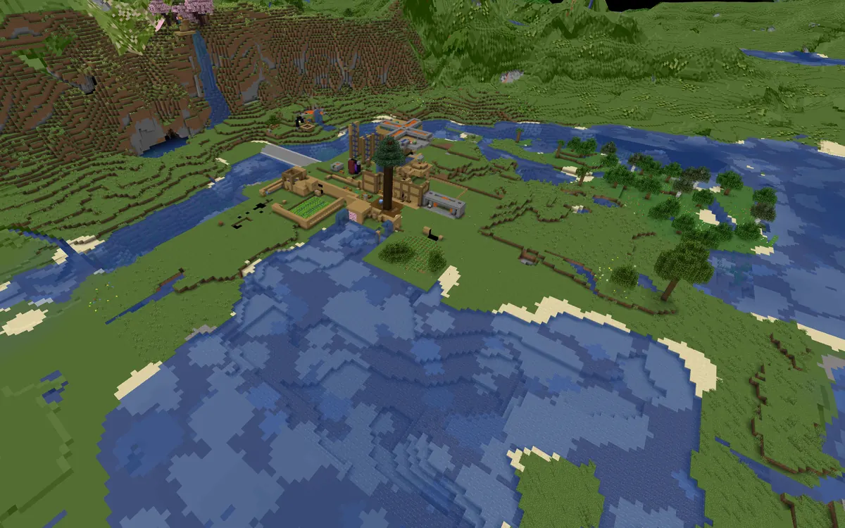 BlueMap render of the riverside base seen from a distance