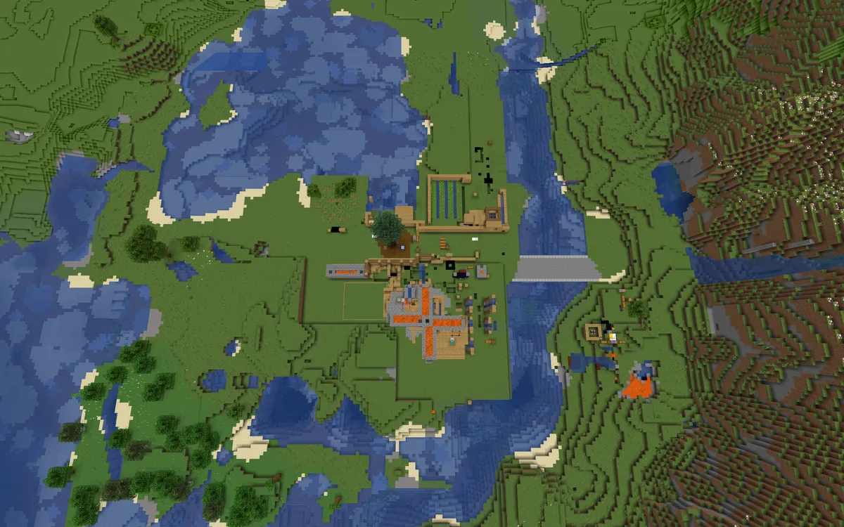 Top-down BlueMap render of the riverside base between two rivers