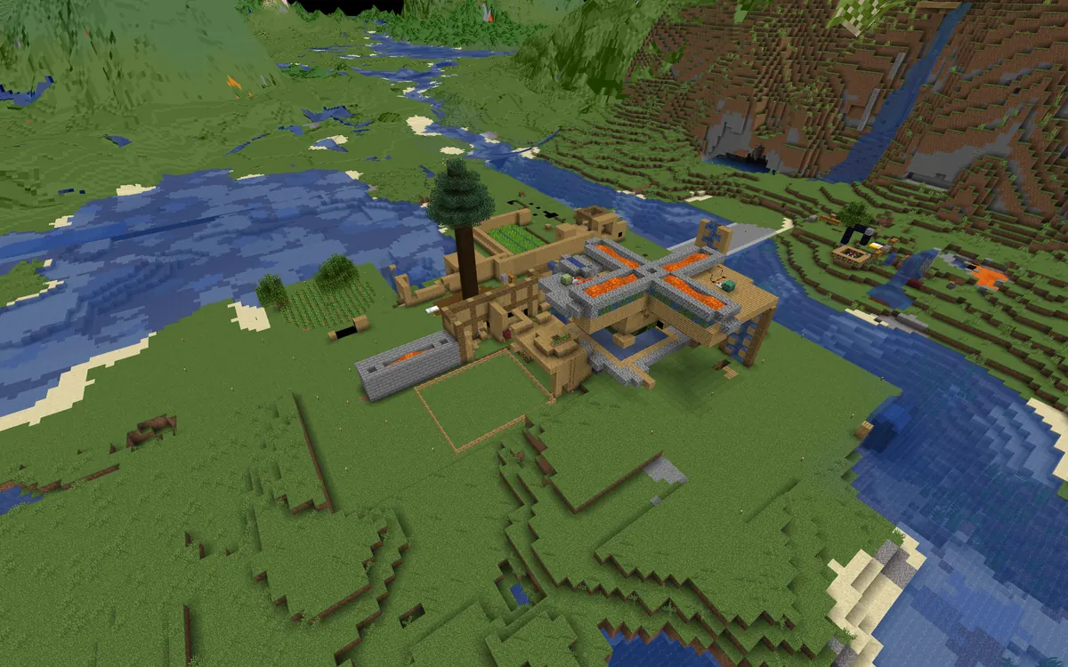 BlueMap render of a wooden base by a river in a modded world