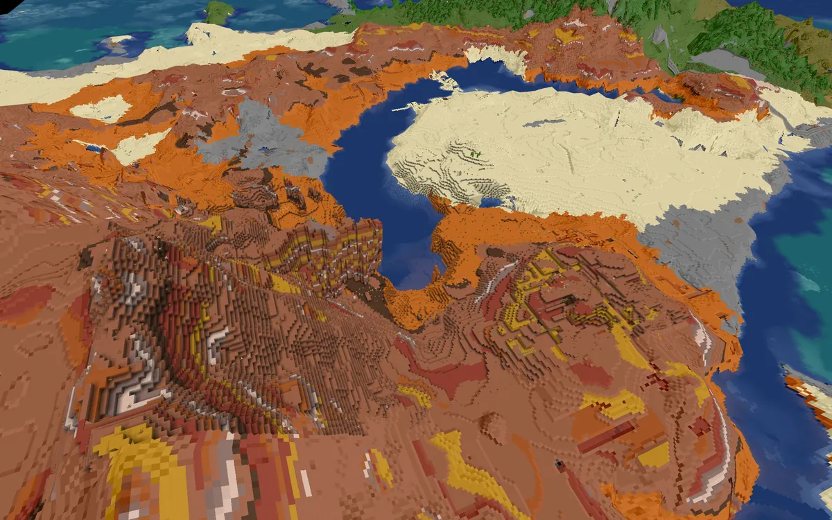 BlueMap render of badlands around a bay, beaches and a turquoise sea